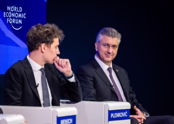 Redefining Europe’s Place in the World session with Andrej Plenković, Prime Minister of Croatia; Arthur Mensch, Co-Founder and Chief Executive Officer, Mistral AI, France; Bart De Wever, Prime Minister of Belgium; Gideon Rachman, Associate Editor and Chief Foreign Affairs Commentator, Financial Times, United Kingdom; Gitanas Nausėda, President of Lithuania; Marguerite Bérard, Chair and Chief Executive Officer, ABN AMRO, Netherlands; at the World Economic Forum Annual Meeting 2026 in Davos-Klosters, Swi