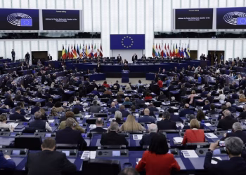 epa11887949 President of the Ukrainian Parliament Ruslan Stefanchuk delivers a speech at the European Parliament in Strasbourg, France, 11 February 2025. The EU Parliament's session runs from 10 till 13 February 2025.  EPA-EFE/RONALD WITTEK